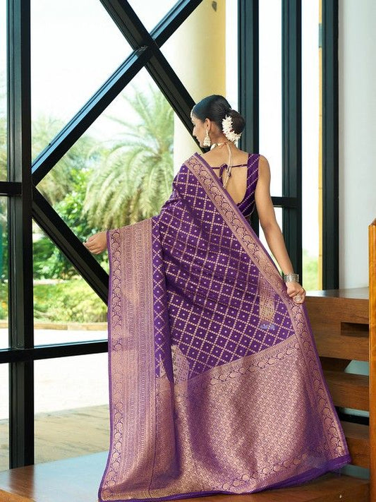 Wine Crepe Bandhani Saree and Stitched Wine Blouse