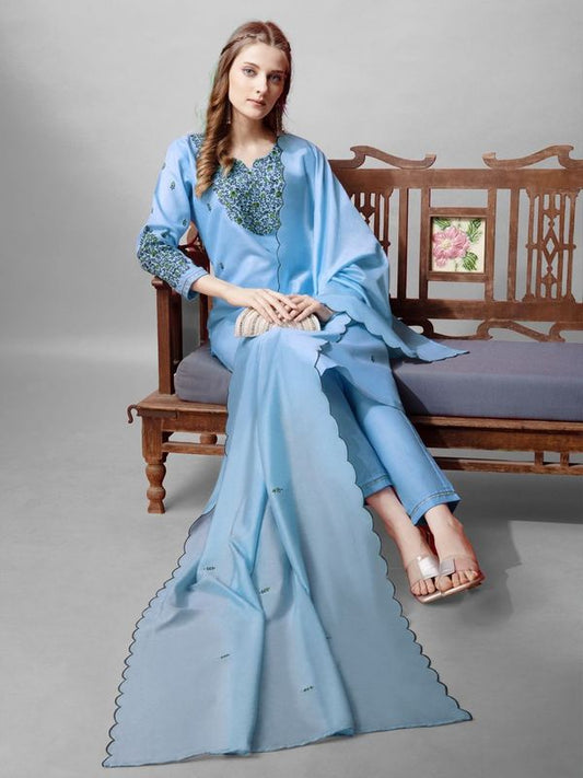 Sky Blue Color Cotton Blend Readymade Dress With Designer Embroidery Work