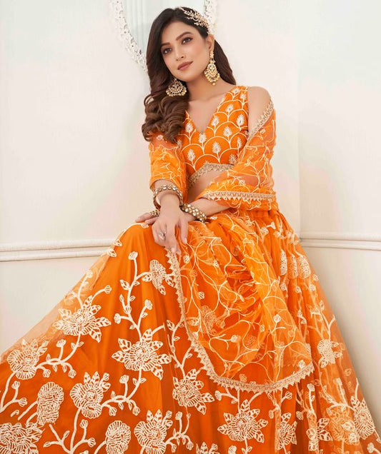 Orange Color Net With Sequins And Thread Embroidery Work -Stitched Lehenga & Unstitched Blouse With Dupatta