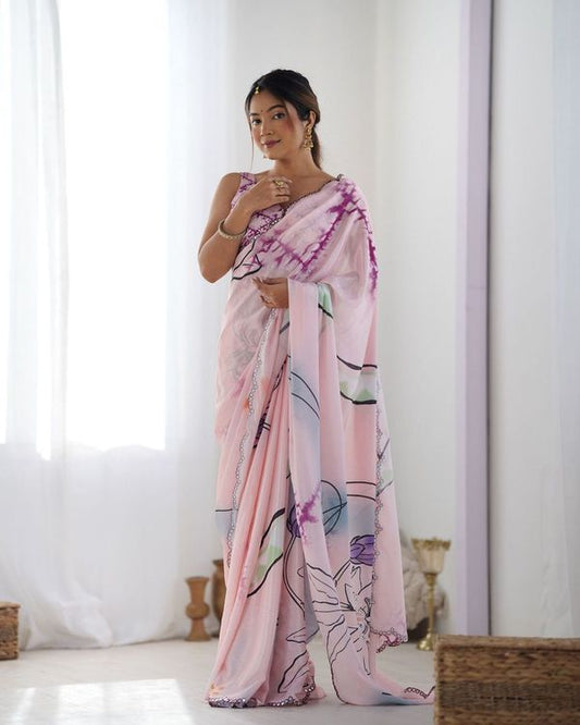 Pink Color Beautiful Chinon fabric Digital Printed Saree With Mirror Cut Work