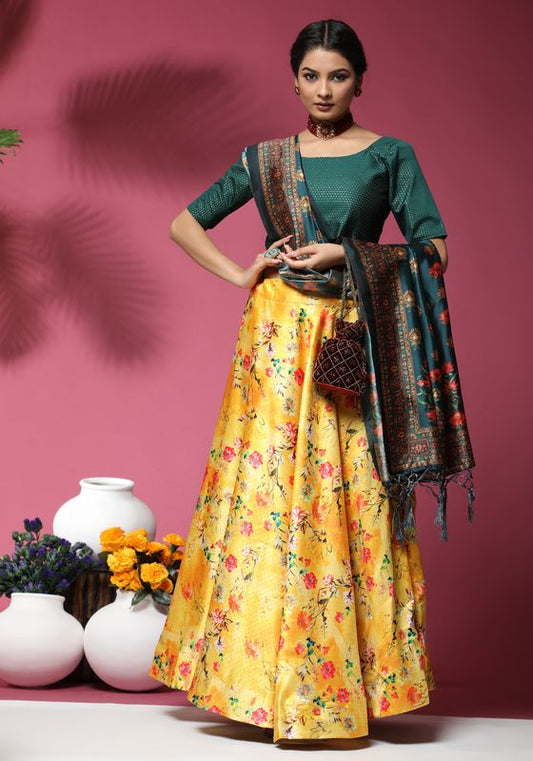 Digital Print Satin Silk Fabric Stitched Lehenga Choli With Jequared Blouse and Assami Silk Thread Work Dupatta For Women and Girls In Festive Party And Traditional Wear