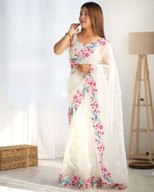 White Organza Fabric Multy Thread And Sequance Embroidery Work Festive Looks Graceful Saree