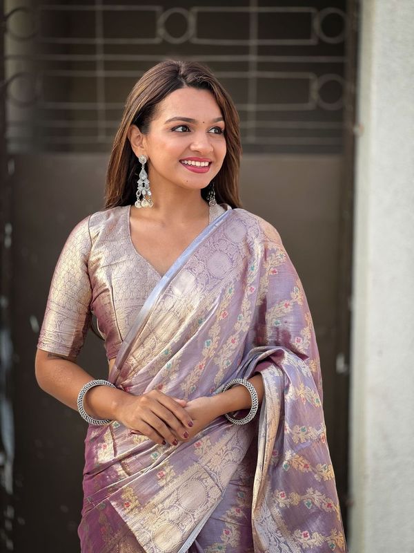 Purple Color Tissue Silk Saree With Weaving Jari Meenakari Designer Looks