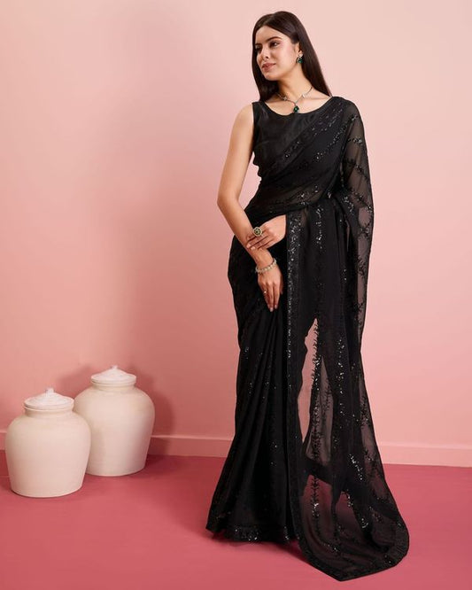 Black Sequance Embroidery Work Georgette Saree