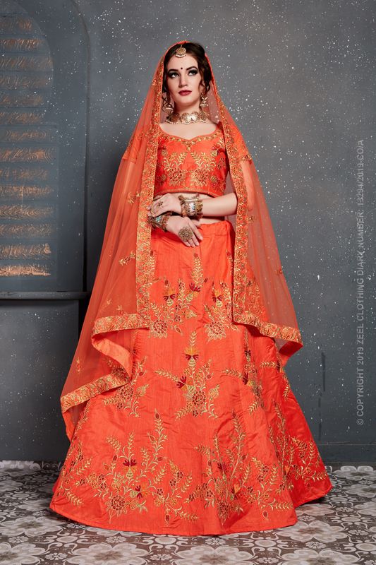 Orange Women's Slub Silk Embroidery Lehenga Choli