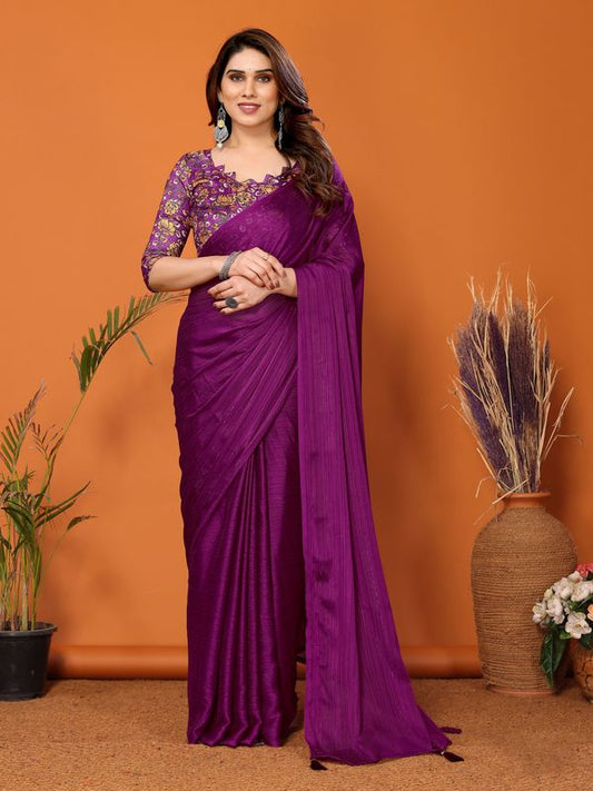 Magenta Solid & Digital Printed Blouse Polyester Zari Saree