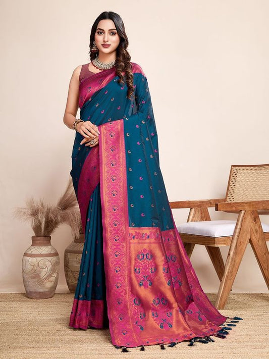 Blue Color Heavy Wevon Designer Jacquard Silk Saree For Traditonal Looks