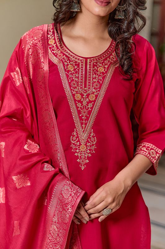 Red Chanderi Silk Straight Kurta