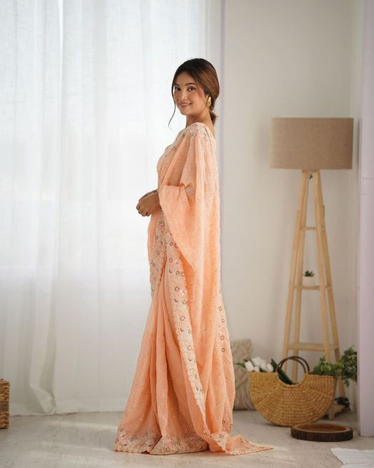 Peach Georgette Coding And Sequins Embroidery Work Trendy Ceremonial Saree