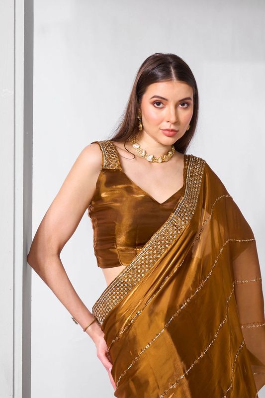 Brown Color Jimmy Choo Fabric Designer Embroidery Work Ceremonial Partywear Saree