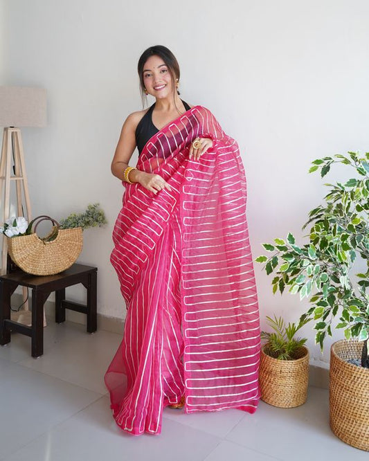 Pink Silver Gota Embroidery Work Organza Saree