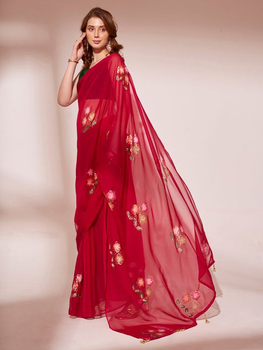 Red Designer Brush Printed Blooming Organza Saree