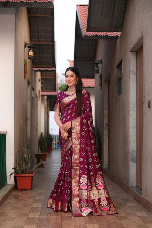 Purple Wevon Matka Border & Pallu Designer & Bandhej Hand Printed Dola Silk Saree