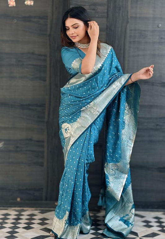 Blue Color Banarasi Silk Wevon Jari Designer Traditional Rich Indian Traditional Saree