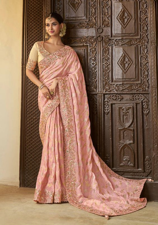 Baby Pink Wevon Jacquard Designer Embroidery Work Viscose Tissue Saree