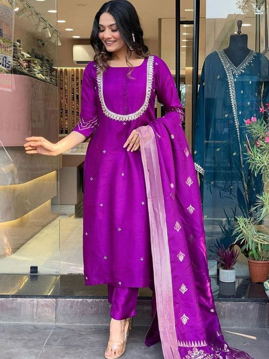 Purple Color Designer Partywear Chanderi Silk Fabric Embroidered Suit