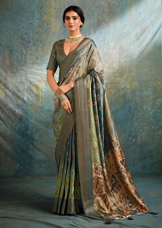 Grey Wevon Jacquard Designer Jacquard Silk Saree