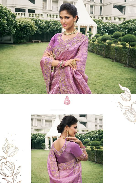 Magenta Wevon Jacquard Designer Embroidery Work Viscose Tissue Saree