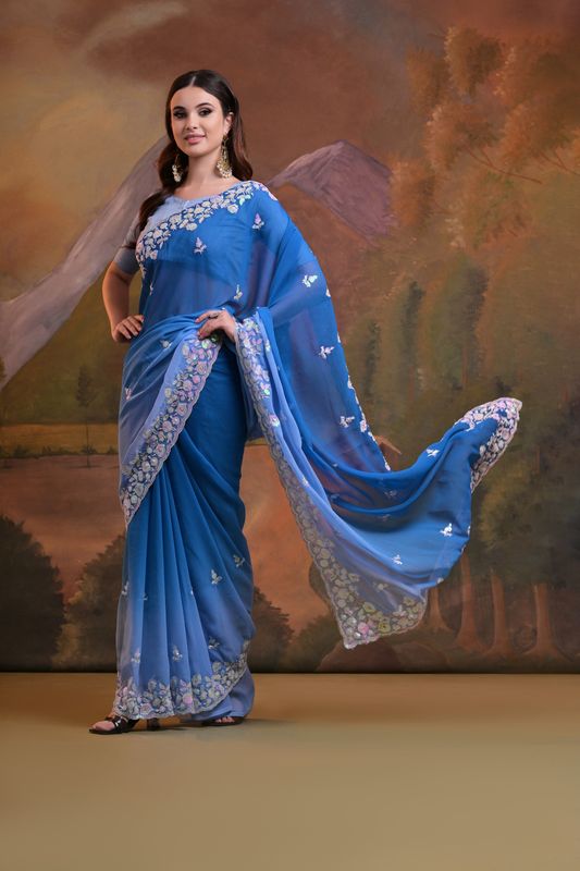 Blue Pedding & Sequance Embroidery Work Georgette Saree