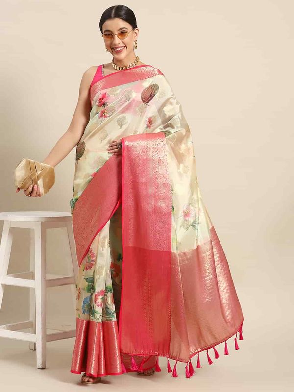 Beige Floral Chanderi Kamlamkari Art Silk Saree