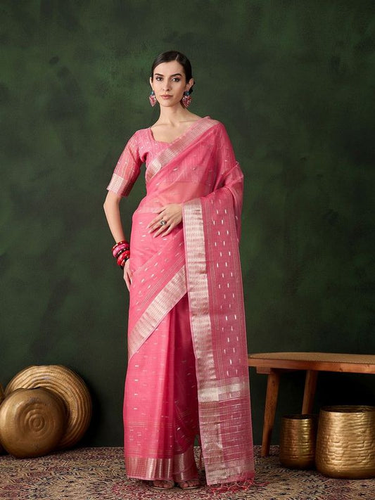 Wevon Jacquard Designer Pink Color Khadi Organza Festive Saree