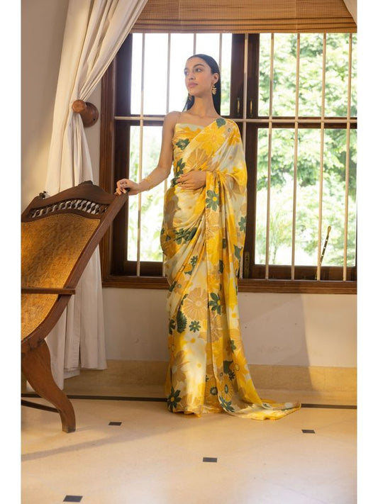 Yellow Digital Floral Printed Nylon Japan Satin Saree