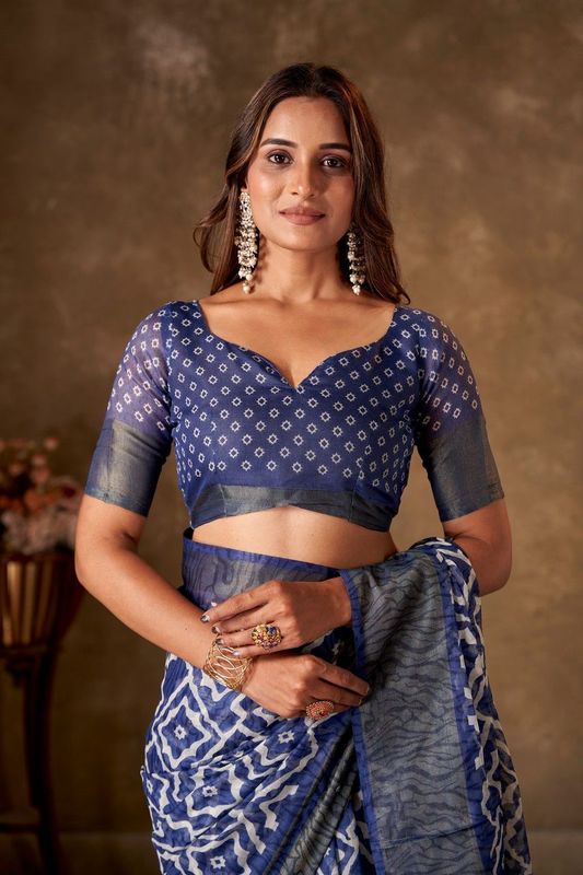 Blue Cotton Printed Saree and Stitched Blue Blouse