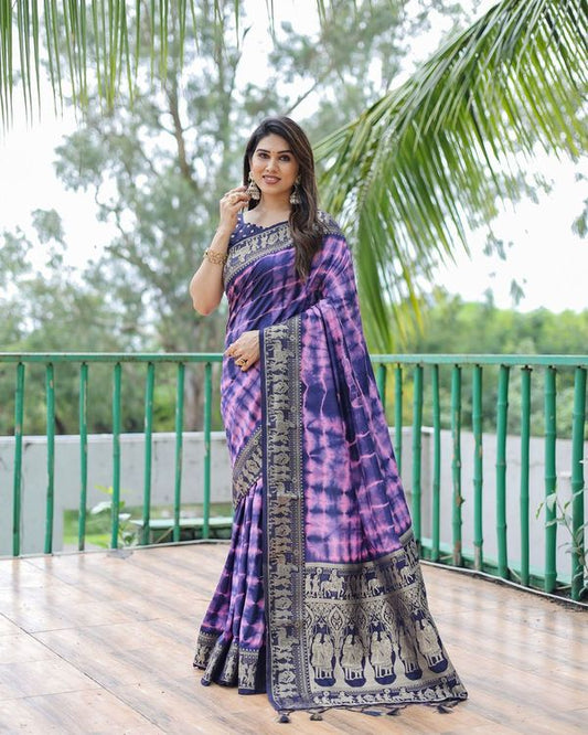 Nevy Blue Wevon Designer & Sibori Printed Dola Silk Saree