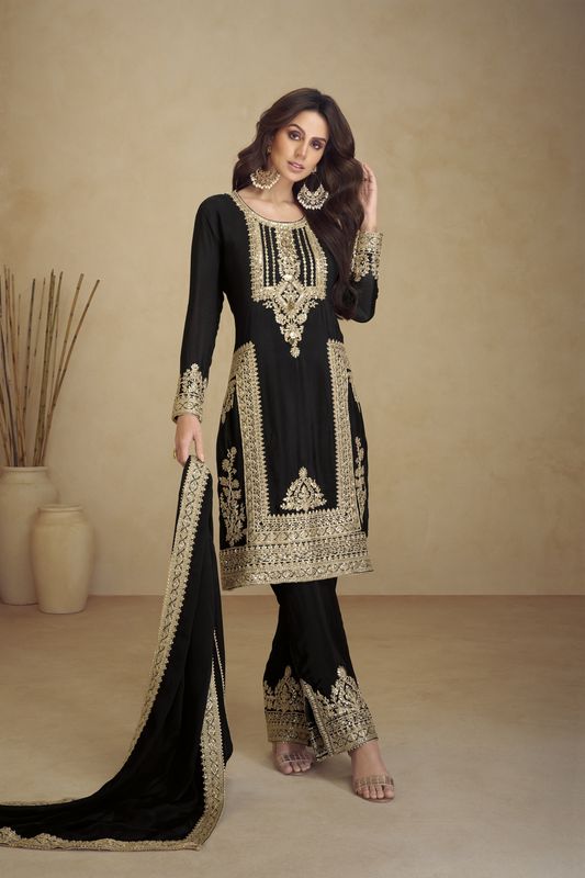 Black Color Georgette Fabric Heavy Embroidered Zari Work Wedding Wear Salwar Kameez