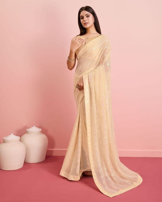 Beige Sequance Embroidery Work Georgette Saree