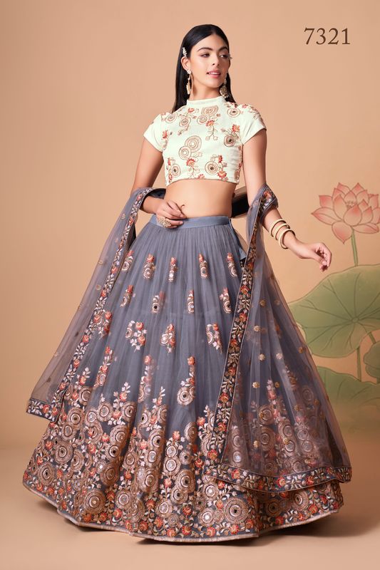 Grey Women's Soft Net Embroidery Lehenga Choli