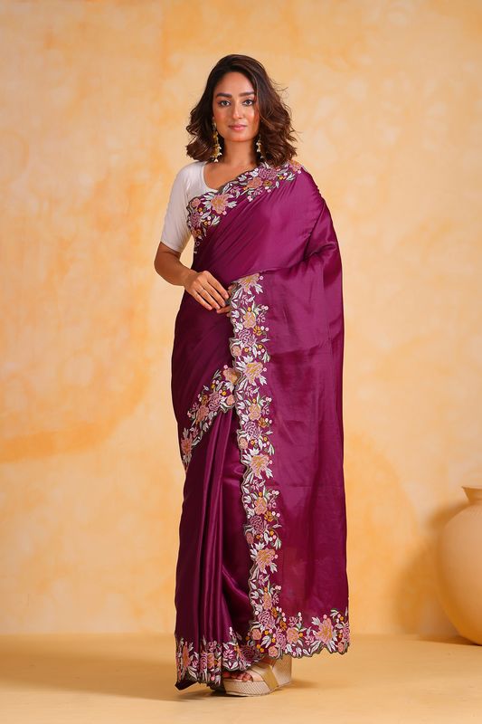 Wine Designer Viscose Thresd Embroidery Work Tusser Silk Saree