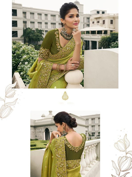 P Green Wevon Jacquard Designer Embroidery Work Viscose Tissue Saree