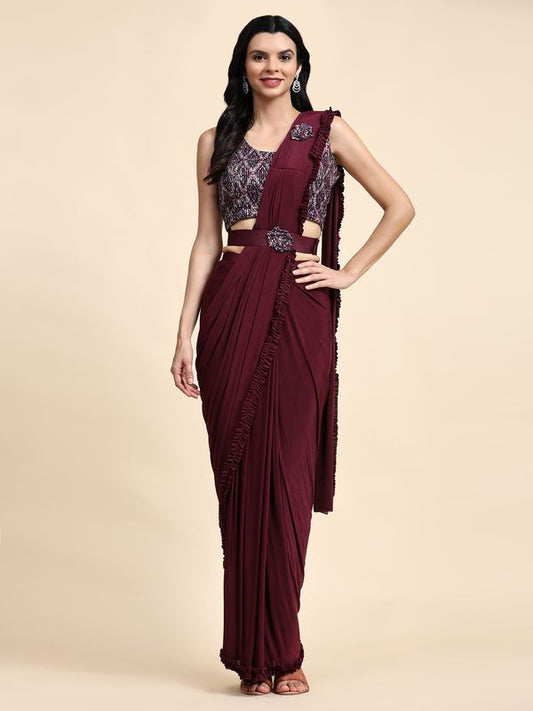 Maroon Solid & Sequance Embroidery Work Lycra Saree