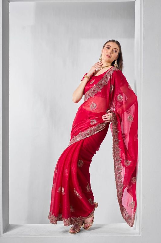 Red Designer Embroidery Work Sitara Chiffon Saree