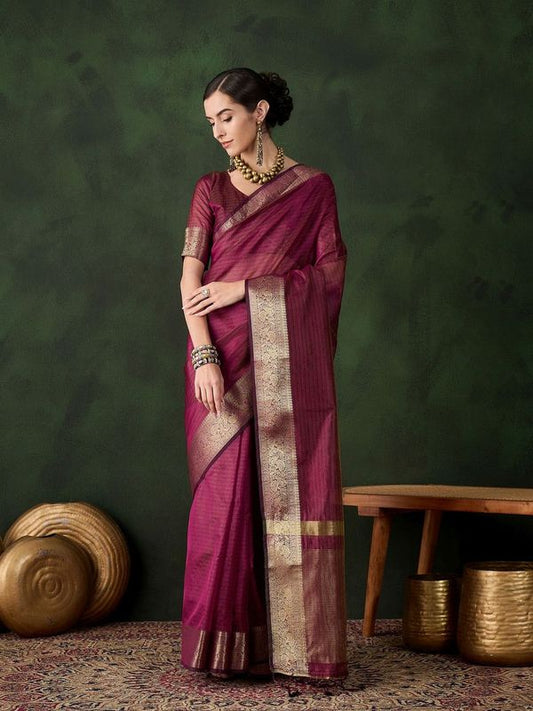 Magenta Color Khadi Organza Wevon Jacquard Designer Traditional Festive Wear Saree