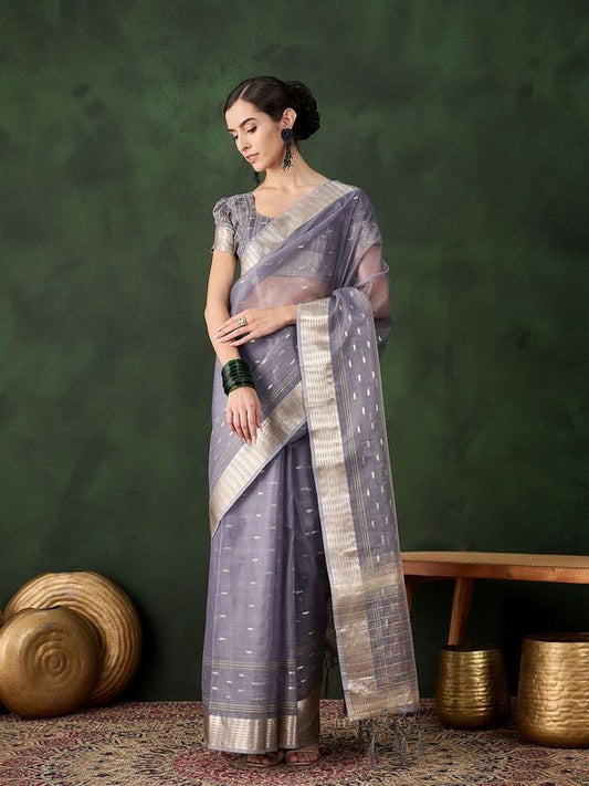 Grey Wevon Jacquard Designer Khadi Organza Saree