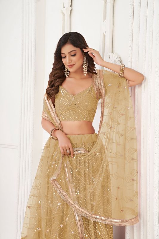 Beige Color Glamorous Heavy Embroidery Work Wedding Reception Wear Bridesmaid Lehenga