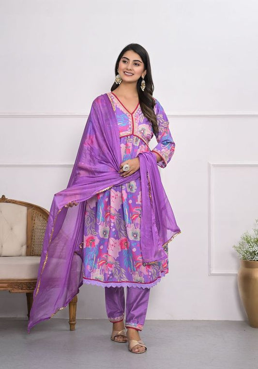 Purple Color Muslin Silk Fabric Designer Embroidery Work Salwar Kameez For Ceremonial Looks