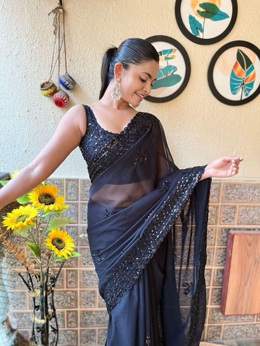 Black Sequance Embroidery Cut Work Georgette Saree