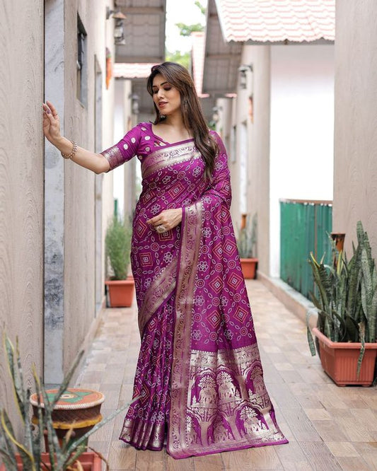 Purple Kanchi Wevon Jari Designer & Bandhej Printed Dola Silk Saree