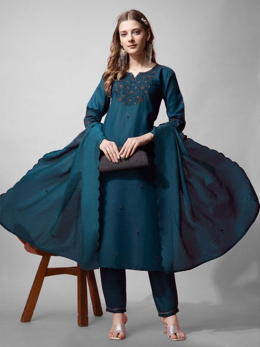 Teal Blue Color Cotton Blend Readymade Dress With Designer Embroidery Work