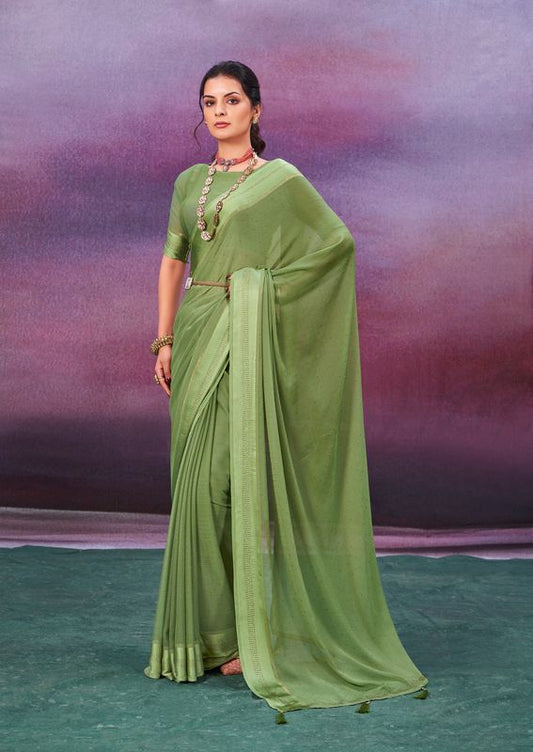 Khaki Green Wevon Patta Designer With Swarovski Work Chiffon Saree