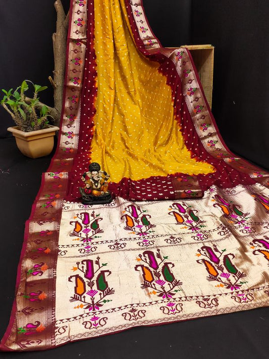 Mustard Color Dola Silk Fabric Wevon Paithani Designer Saree With Traditional Bandhej Print