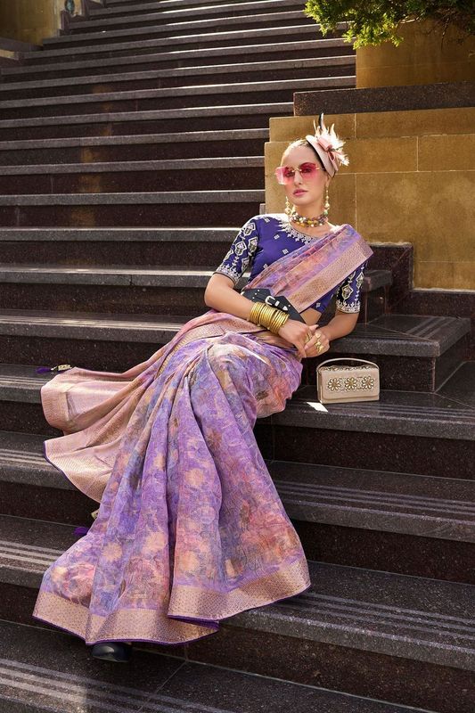 Lavender Wevon Designer & Embroidery Work Jacquard Silk Saree