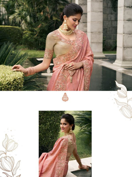 Pink Wevon Jacquard Designer Embroidery Work Viscose Tissue Saree