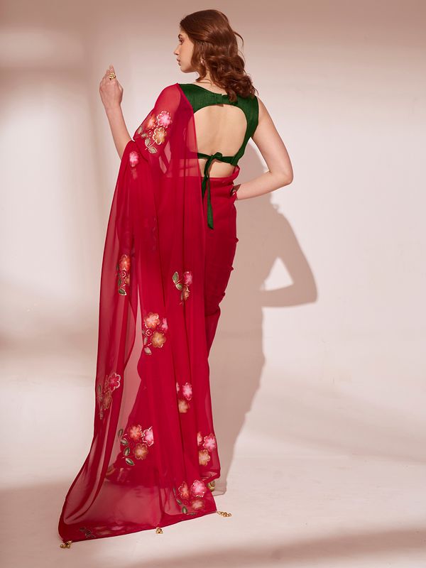 Red Designer Brush Printed Blooming Organza Saree