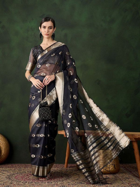 Nevy Blue Wevon Jacquard Designer Khadi Organza Saree