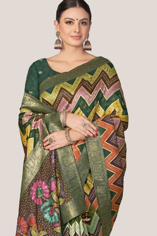 Green Rangkat Tussar Silk Chevron Printed With Woven Designer Heavy Wedding Ceremony Wear Saree