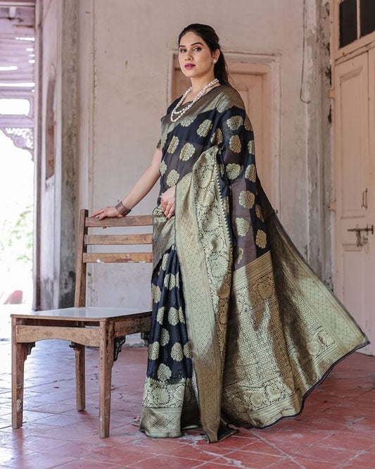 Black Wevon Jari Designer Chanderi Silk Saree